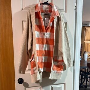 Cream Cardigan with Orange Plaid Shirt